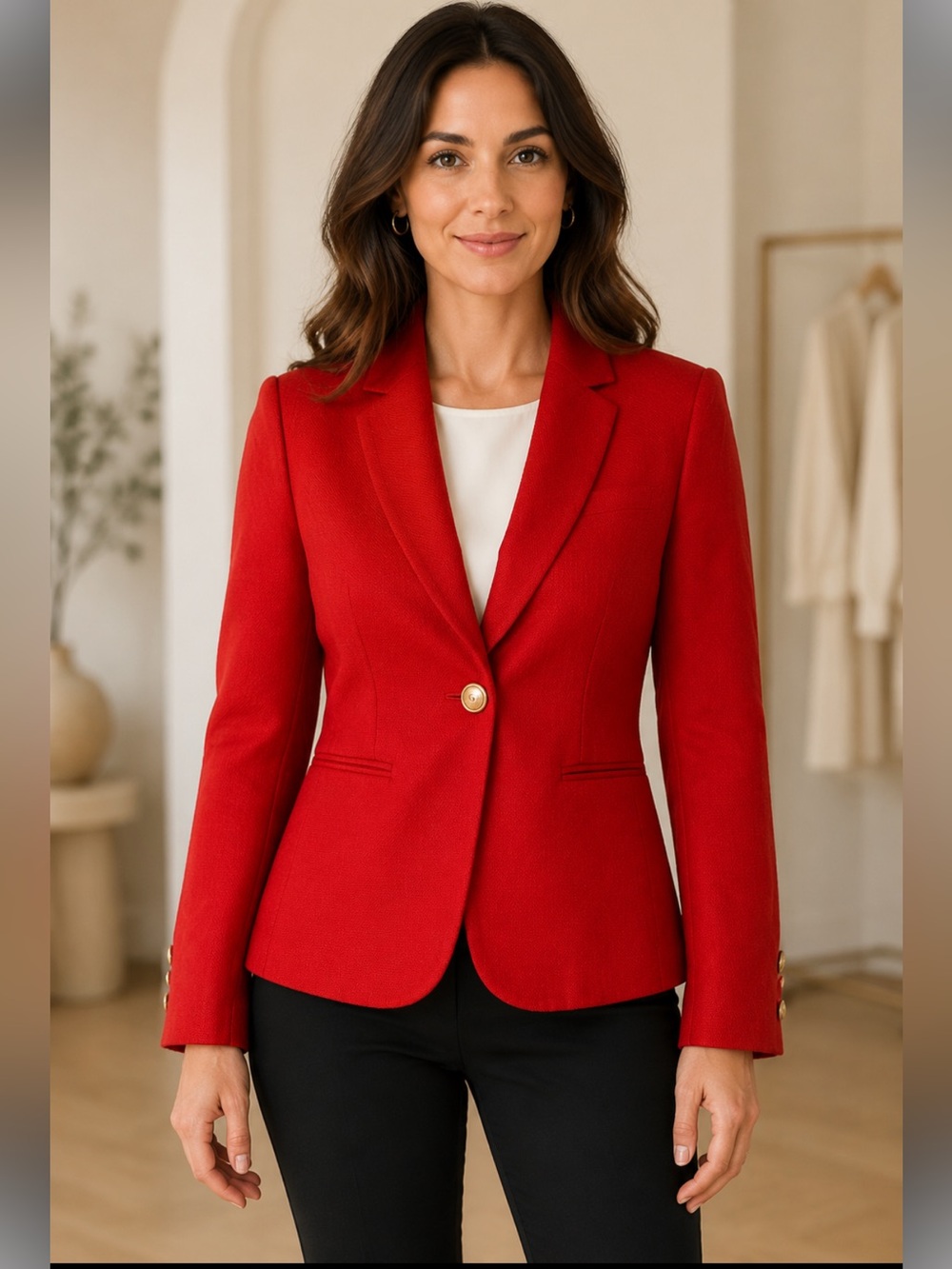 Vintage Katie Lee Red Blazer Gold Buttons Tailored Suit Jacket Women’s Size 8
